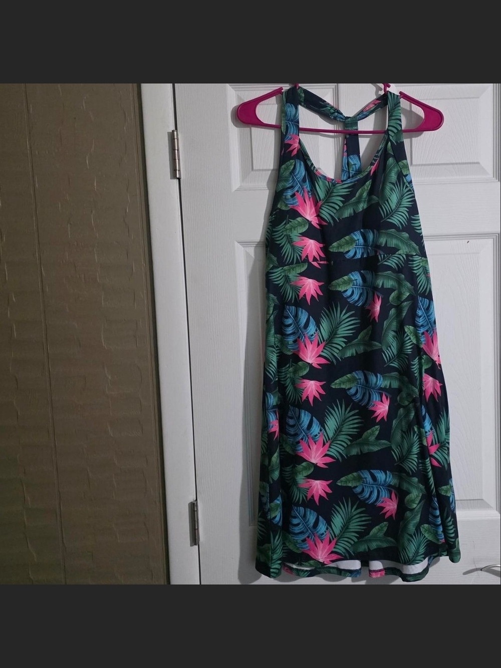 Girls Tropical Print Navy Sundress with Pink & Green Leaves